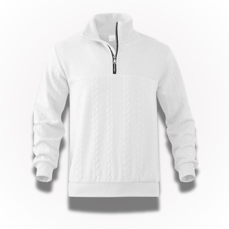 Men's quarter-zip cable knit sweater with mock neck and ribbed trims