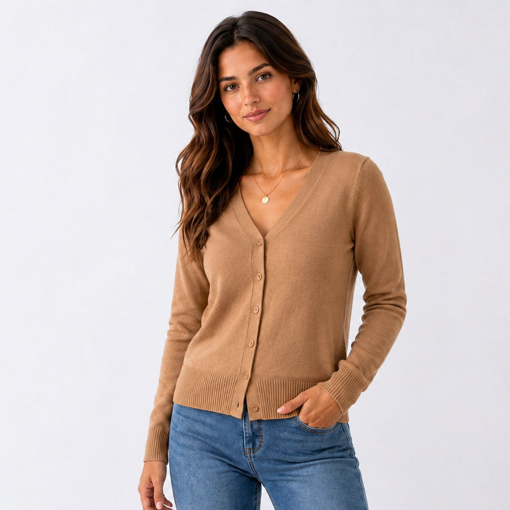Women's long-sleeve V-neck button-front cardigan with ribbed trims
