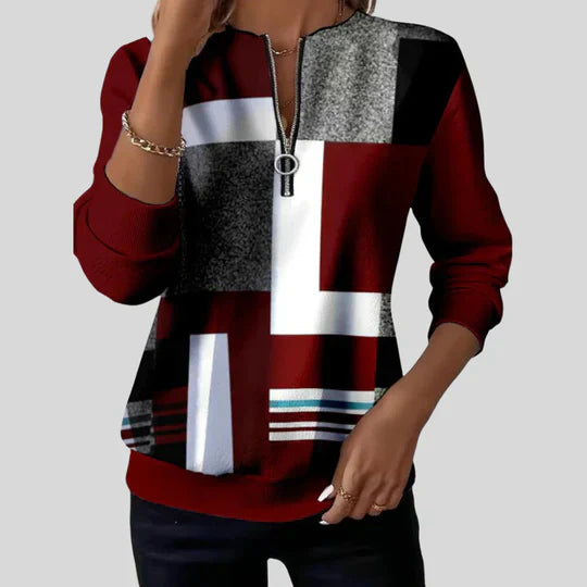 Women's geometric print sweatshirt with quarter zipper and long sleeves