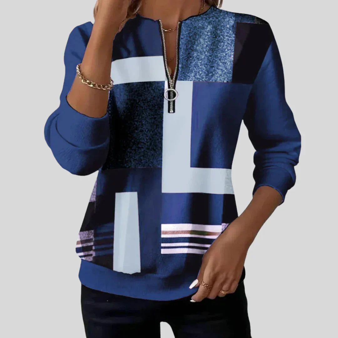 Women's geometric print sweatshirt with quarter zipper and long sleeves