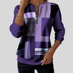 Women's geometric print sweatshirt with quarter zipper and long sleeves