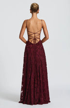 Floral lace fit and flare maxi evening dress with spaghetti straps
