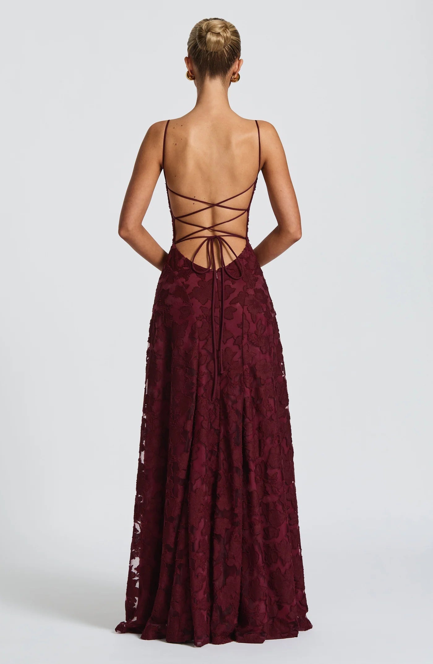 Floral lace fit and flare maxi evening dress with spaghetti straps