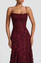 Floral lace fit and flare maxi evening dress with spaghetti straps