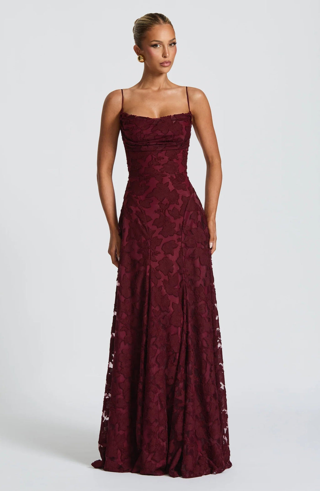 Floral lace fit and flare maxi evening dress with spaghetti straps