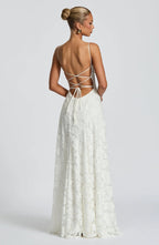 Floral lace fit and flare maxi evening dress with spaghetti straps