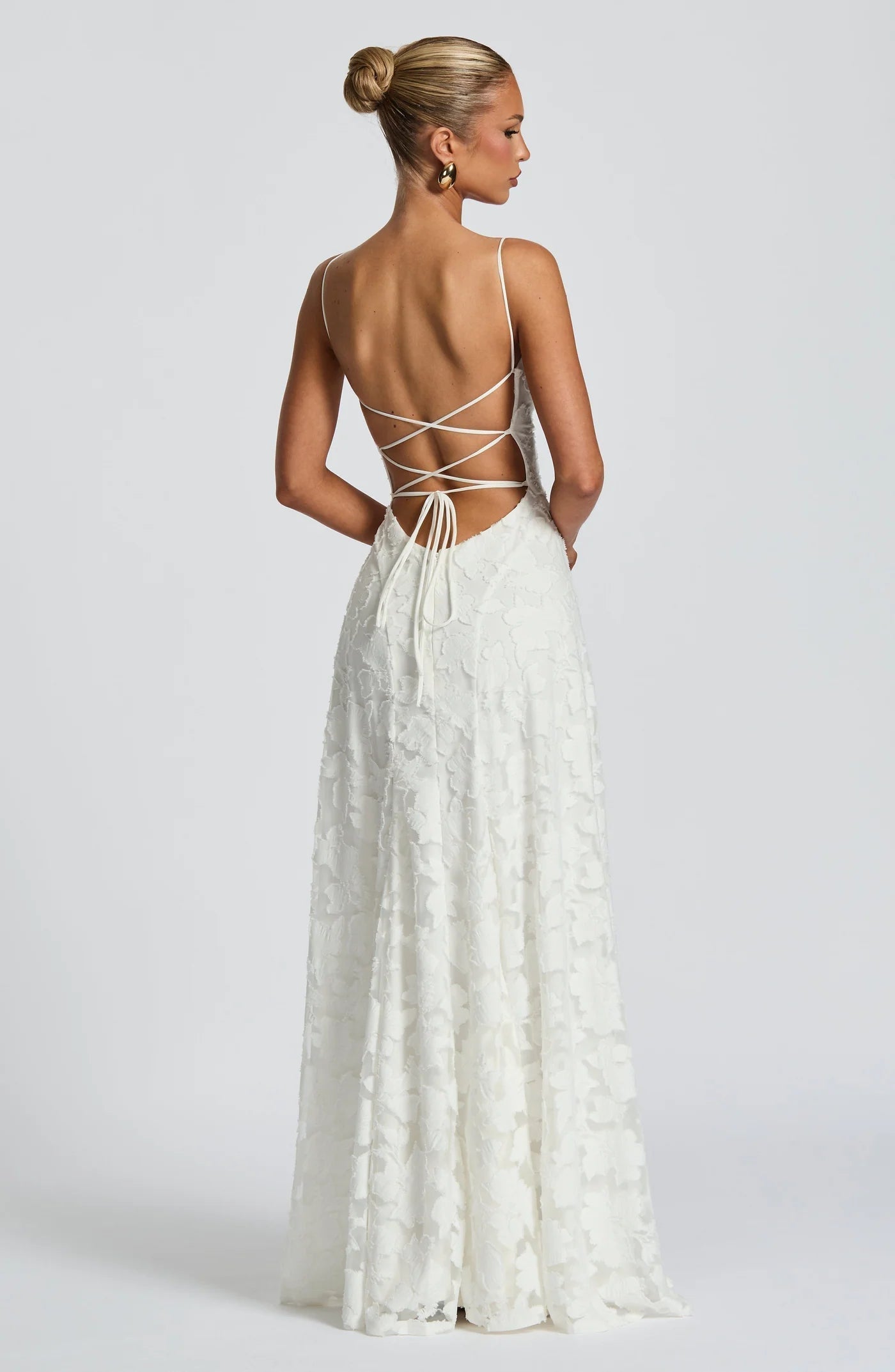 Floral lace fit and flare maxi evening dress with spaghetti straps
