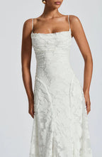 Floral lace fit and flare maxi evening dress with spaghetti straps
