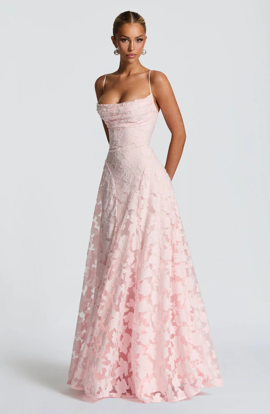 Floral lace fit and flare maxi evening dress with spaghetti straps
