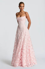 Floral lace fit and flare maxi evening dress with spaghetti straps