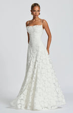 Floral lace fit and flare maxi evening dress with spaghetti straps