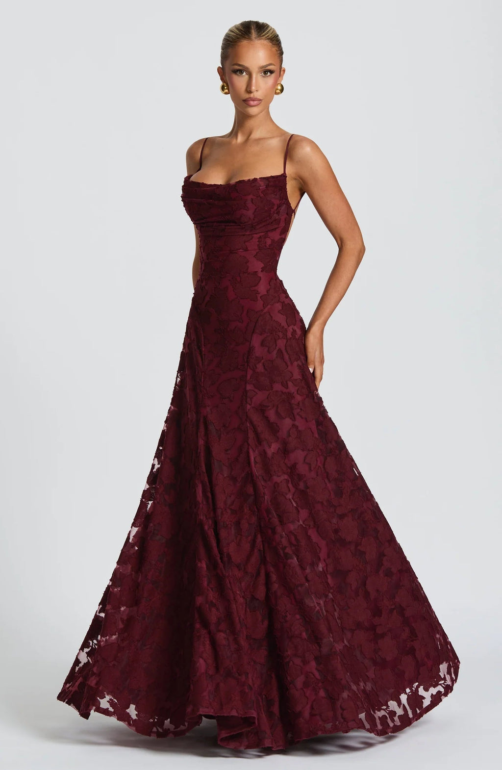 Floral lace fit and flare maxi evening dress with spaghetti straps