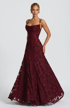 Floral lace fit and flare maxi evening dress with spaghetti straps