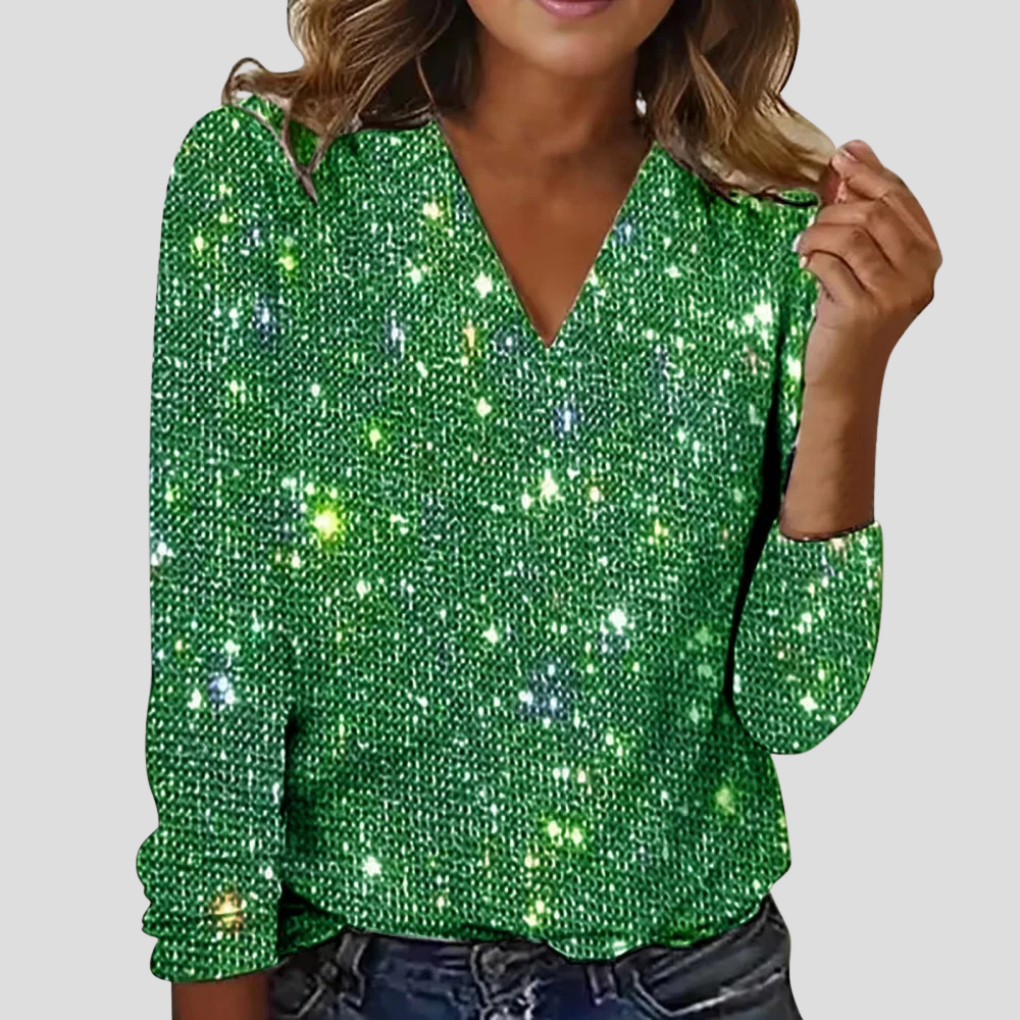 Women's Long-Sleeve Sparkle V-Neck Party Top