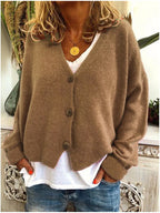 Women's long-sleeve V-neck button cardigan shown in multiple colours