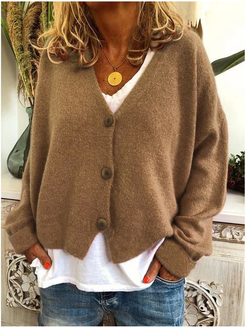 Women's long-sleeve V-neck button cardigan shown in multiple colours