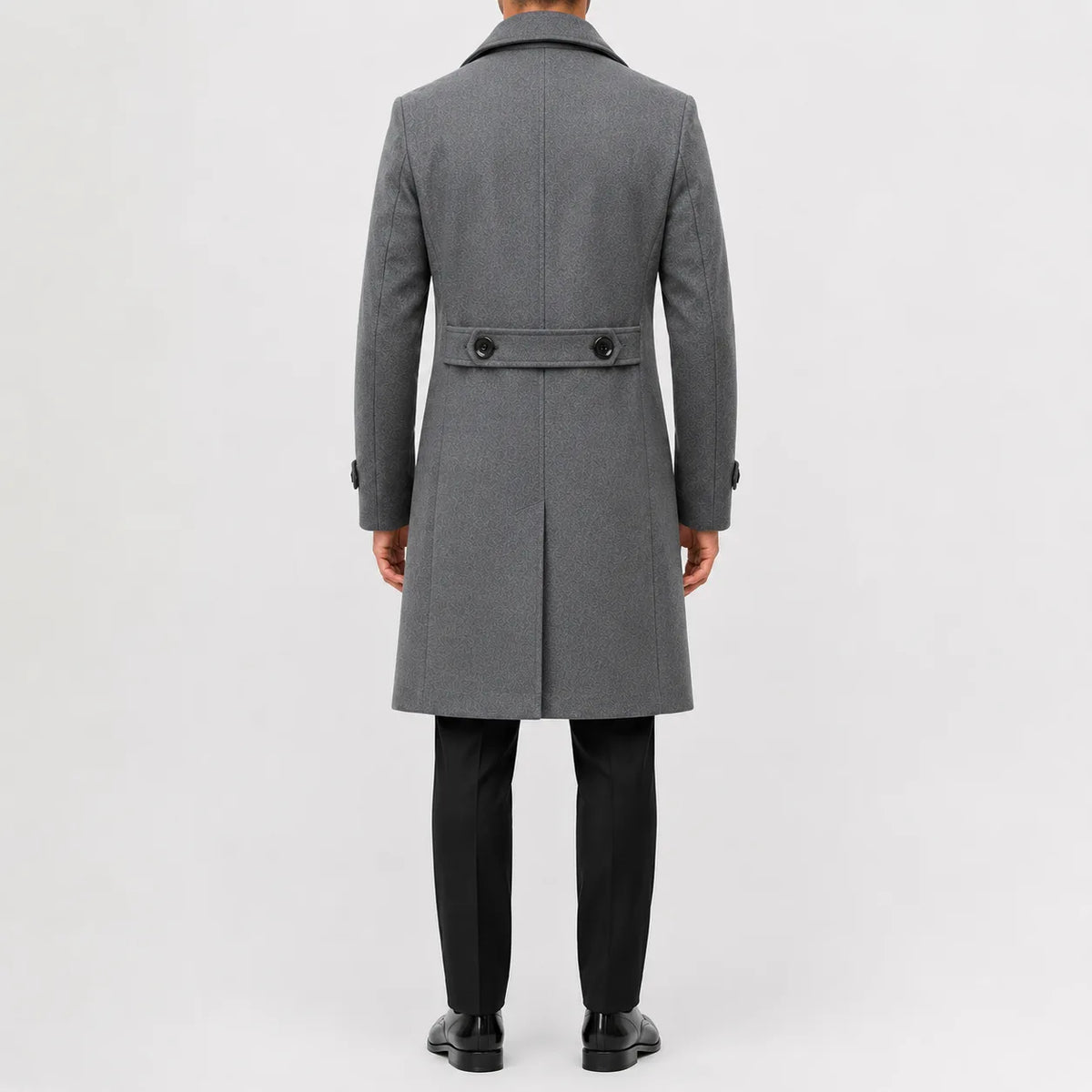 Men's long double-breasted trench coat with wide lapels and buttoned cuffs