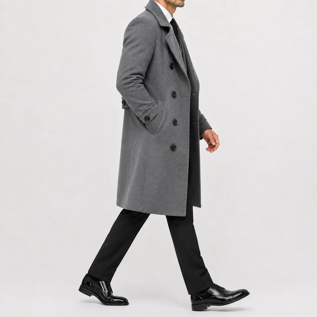 Men's long double-breasted trench coat with wide lapels and buttoned cuffs