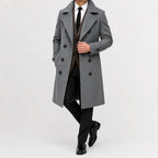 Men's long double-breasted trench coat with wide lapels and buttoned cuffs