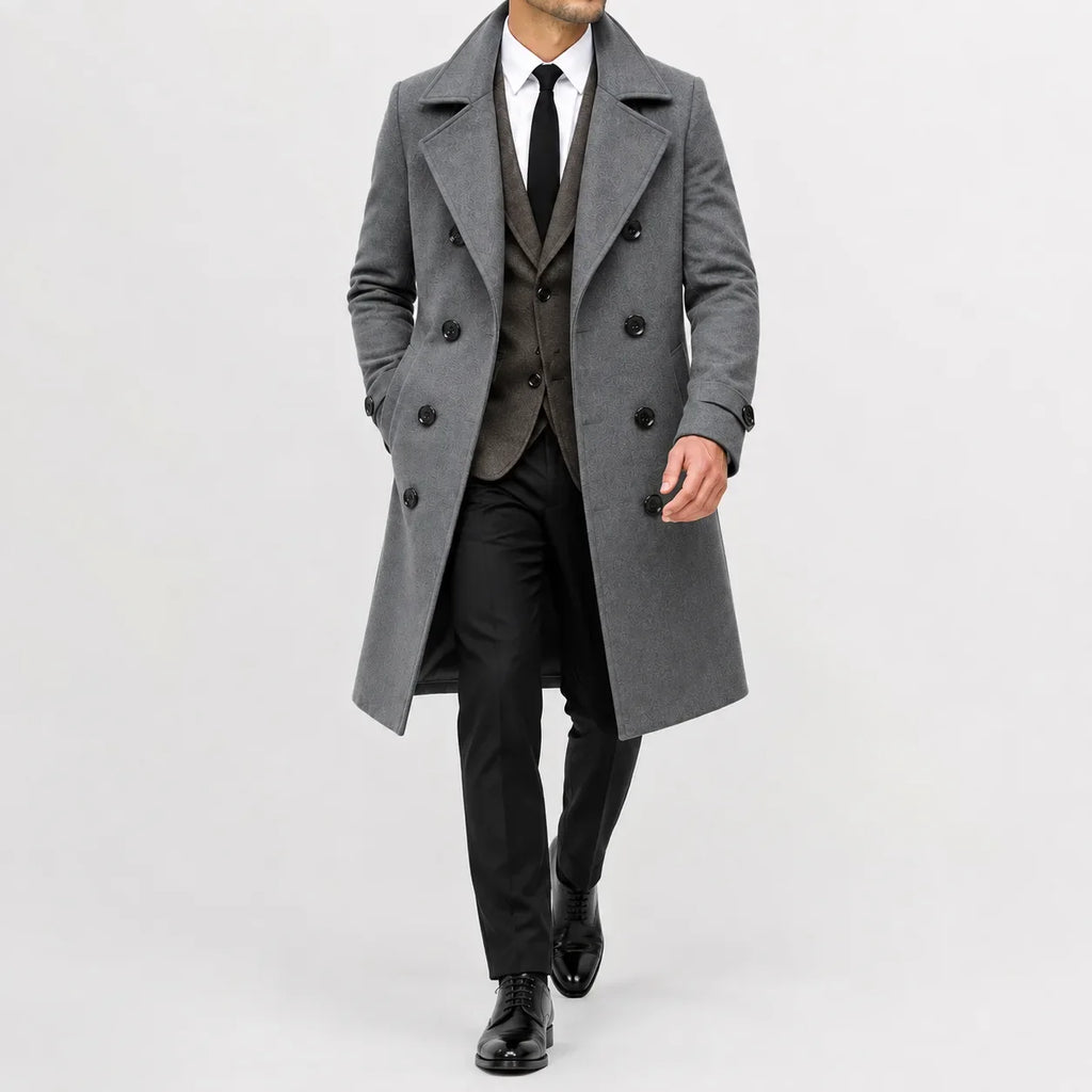 Men's long double-breasted trench coat with wide lapels and buttoned cuffs