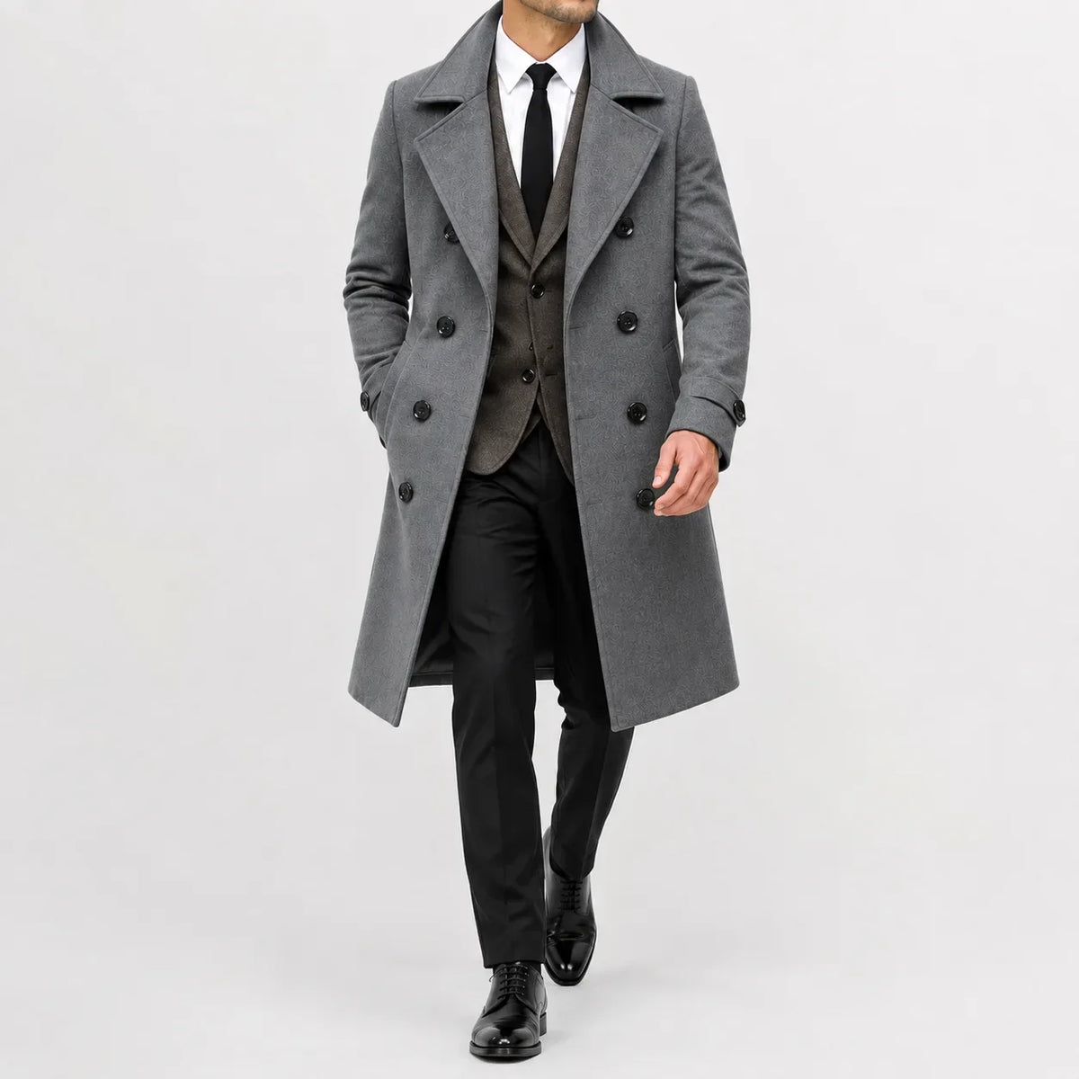 Men's long double-breasted trench coat with wide lapels and buttoned cuffs