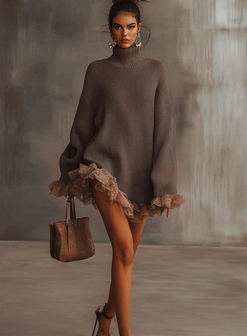 Women's brown turtleneck mini dress with long sleeves and ruffled hem