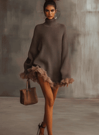 Women's brown turtleneck mini dress with long sleeves and ruffled hem