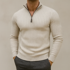 Men's ribbed half-zip sweater with high collar and long sleeves