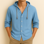 Hooded button-front shirt with long sleeves and curved hem