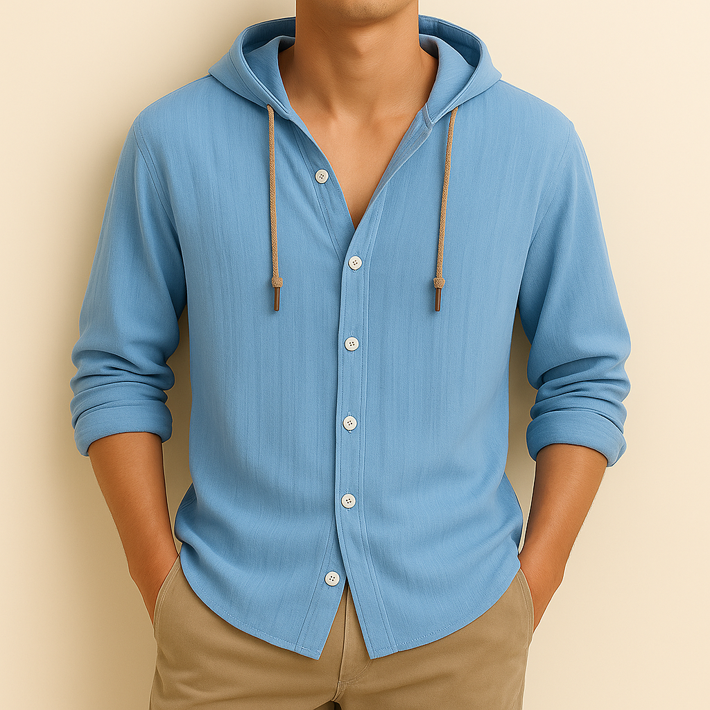 Hooded button-front shirt with long sleeves and curved hem