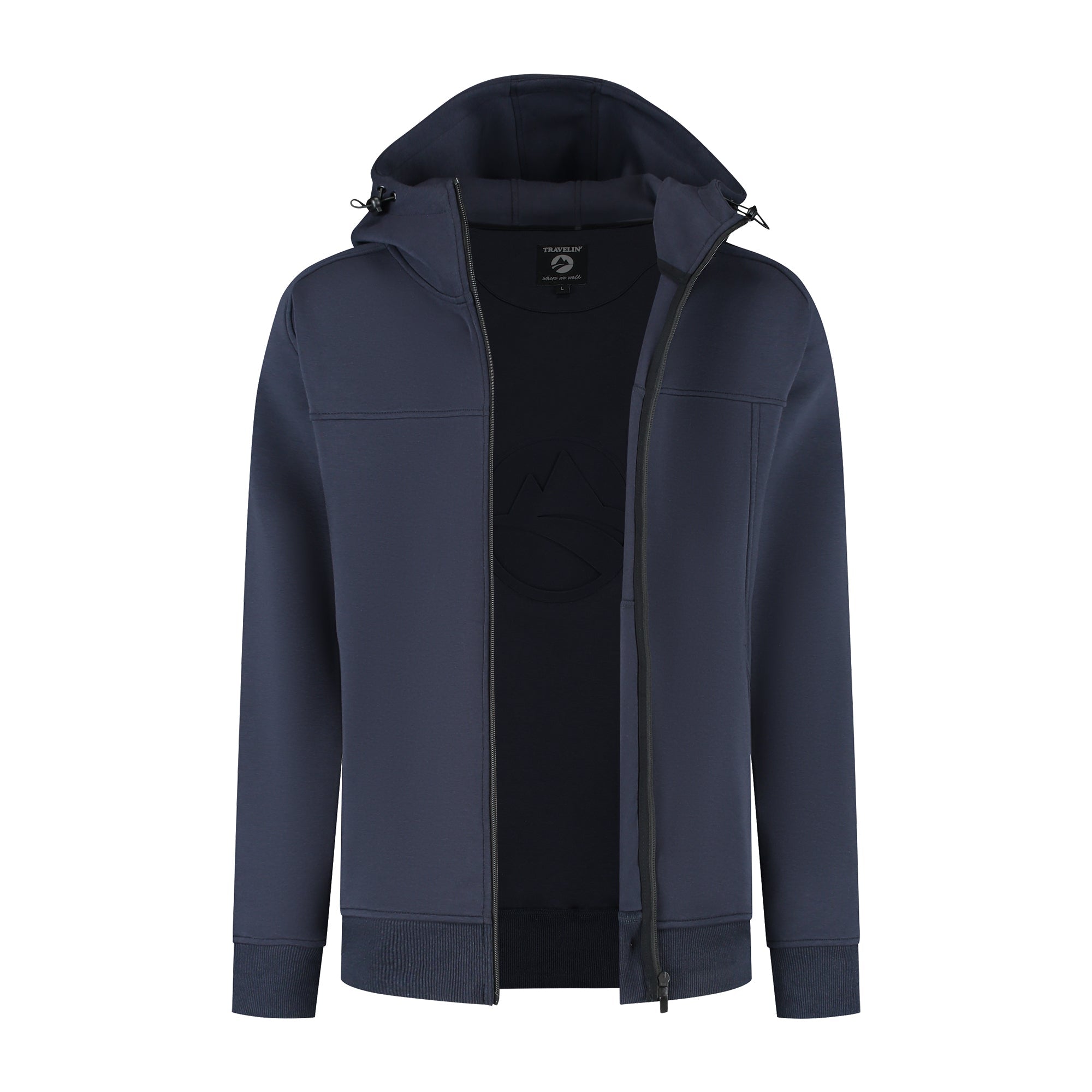 Men's navy hooded zip cardigan with long sleeves