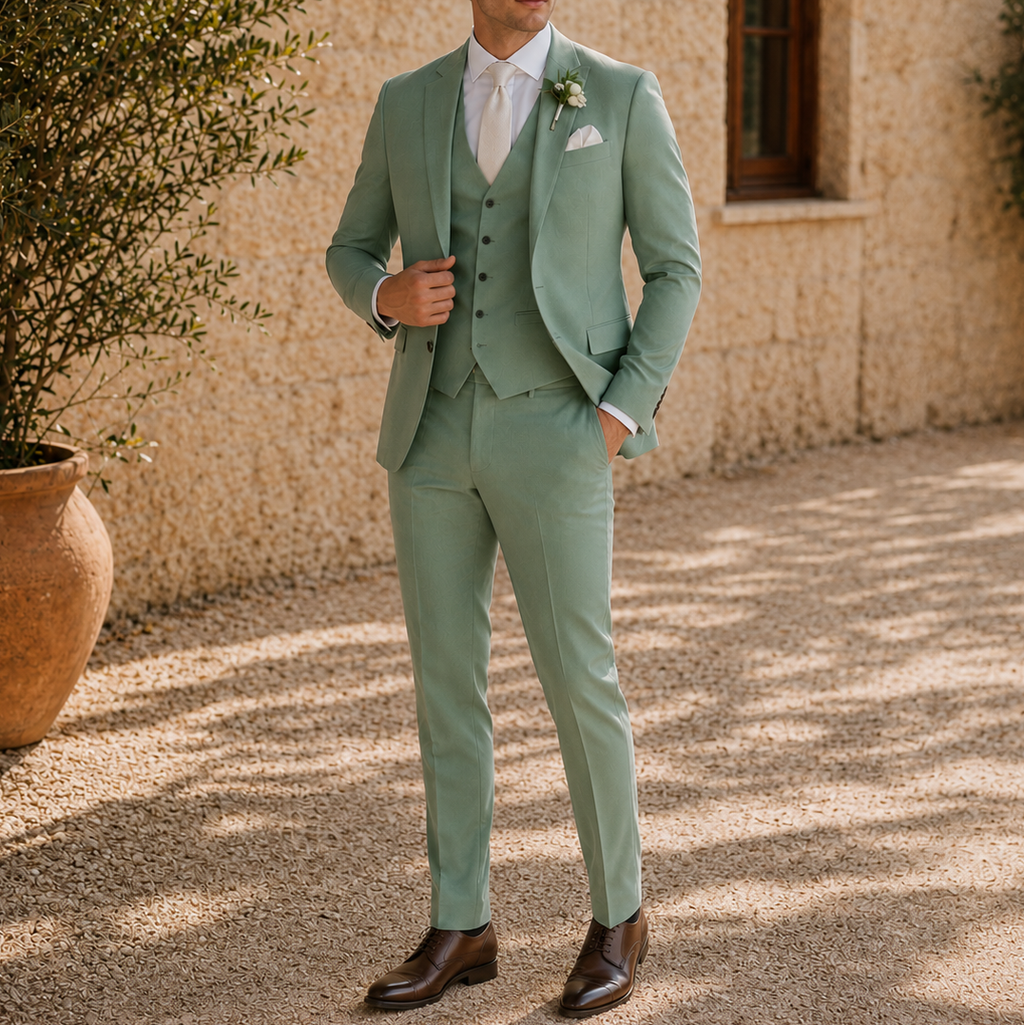 Men's muted green three-piece suit with textured jacket, waistcoat and trousers