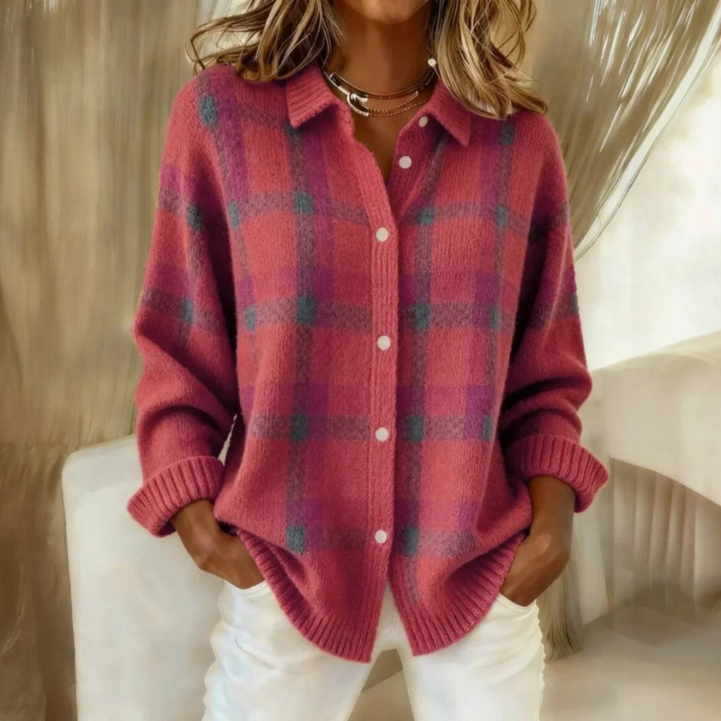 Women's checked button-front sweater with collar and ribbed trims