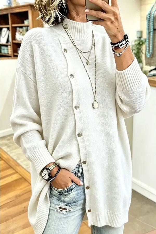 Women's ribbed turtleneck button-down longline jumper