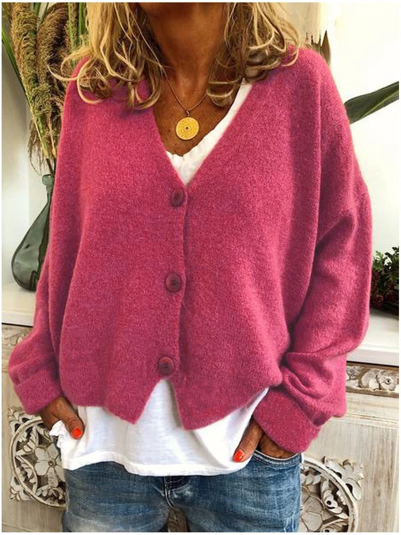 Women's long-sleeve V-neck button cardigan shown in multiple colours