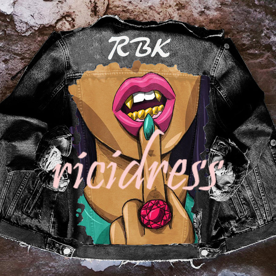 Denim jacket with colourful Halloween graphic on the back