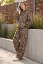 Women's leopard print hooded sweatshirt and matching full-length trousers set