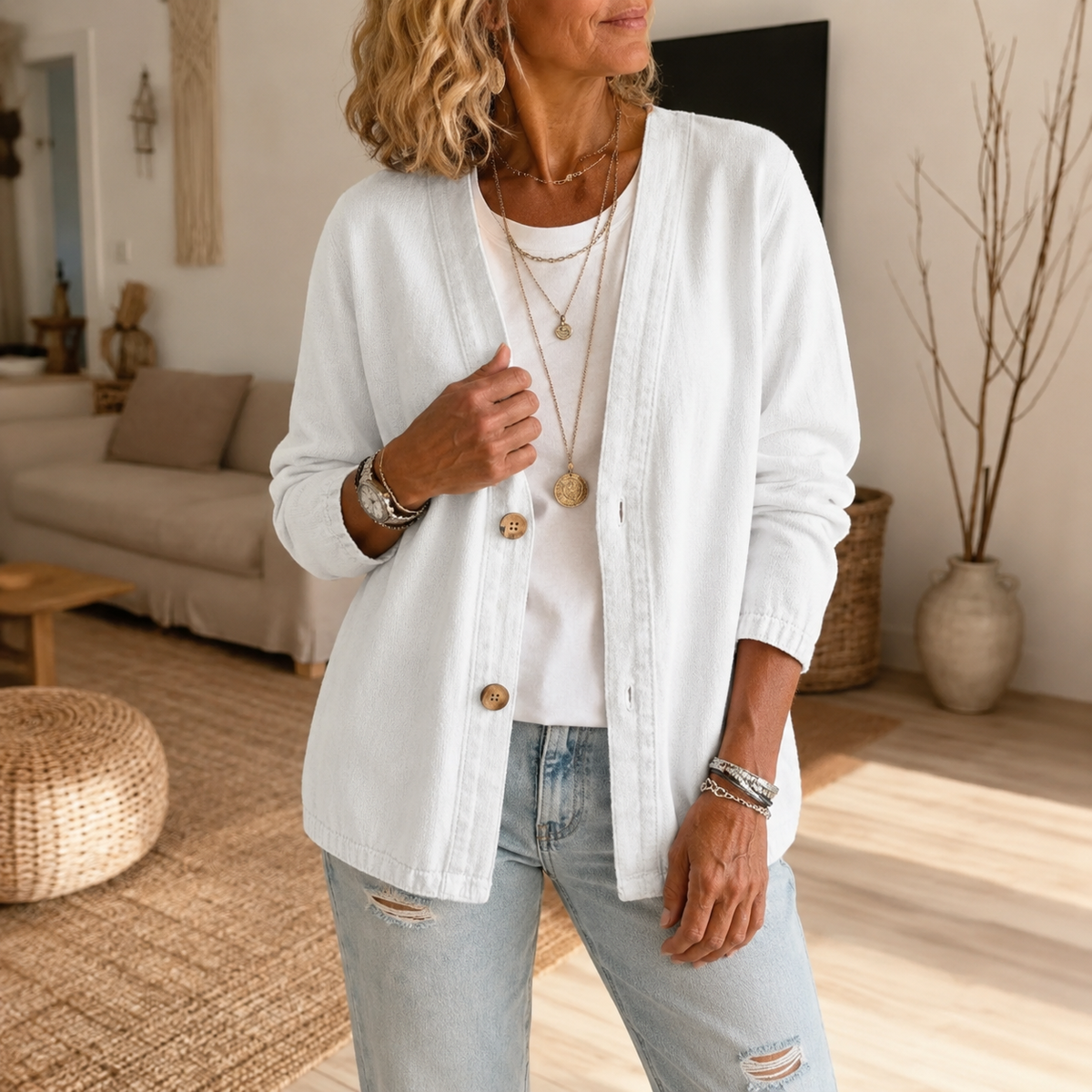 Women's collarless button-down cardigan with long sleeves and hip-length cut