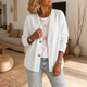 Women's collarless button-down cardigan with long sleeves and hip-length cut