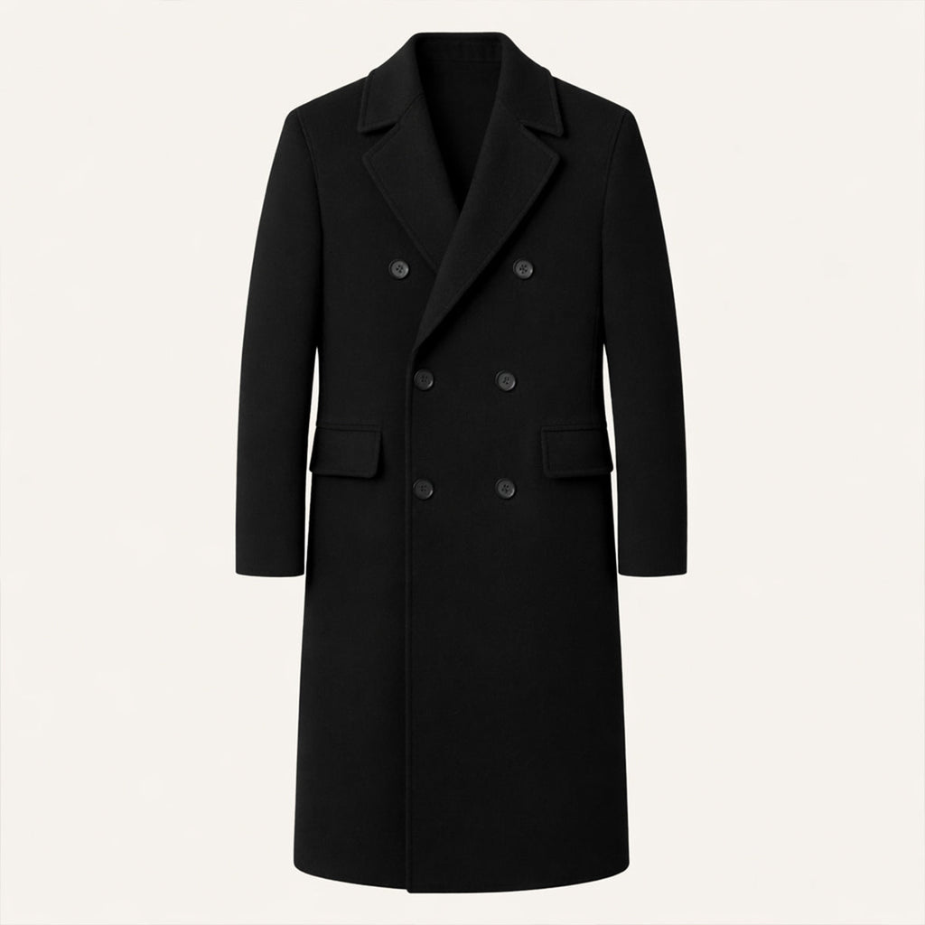 Men's double-breasted long coat with notched lapels