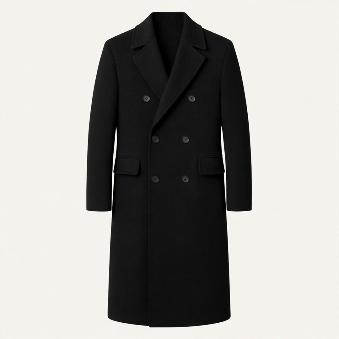 Men's double-breasted long coat with notched lapels
