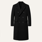 Men's double-breasted long coat with notched lapels