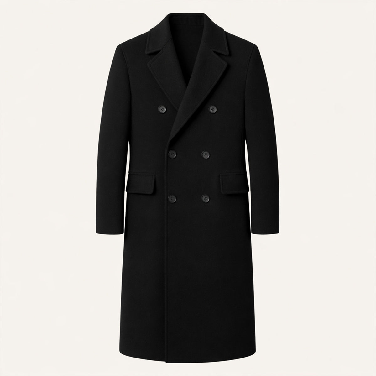 Men's double-breasted long coat with notched lapels