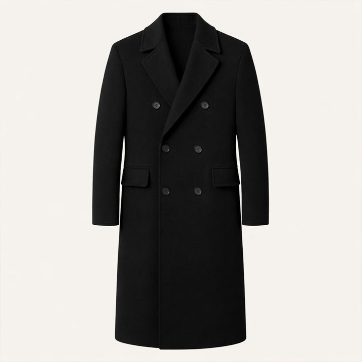 Men's double-breasted long coat with notched lapels