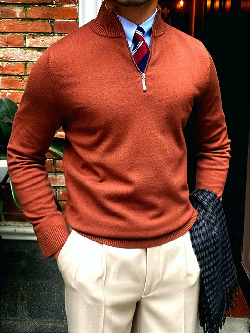 Men's stand-collar half-zip sweater with long sleeves and ribbed trims