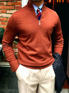 Men's stand-collar half-zip sweater with long sleeves and ribbed trims