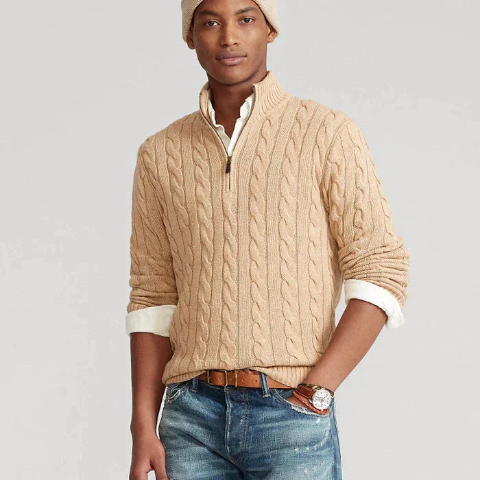 Men's cable knit jumper with mock neck and quarter zip