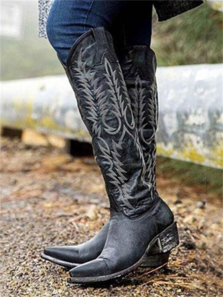 Women's knee-high Western cowboy boots with embroidered shafts