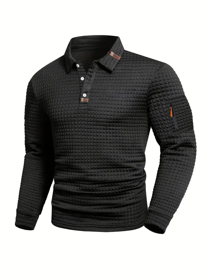 Men's long-sleeve textured quilted polo sweater with button placket and sleeve zip pocket