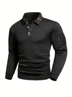 Men's long-sleeve textured quilted polo sweater with button placket and sleeve zip pocket